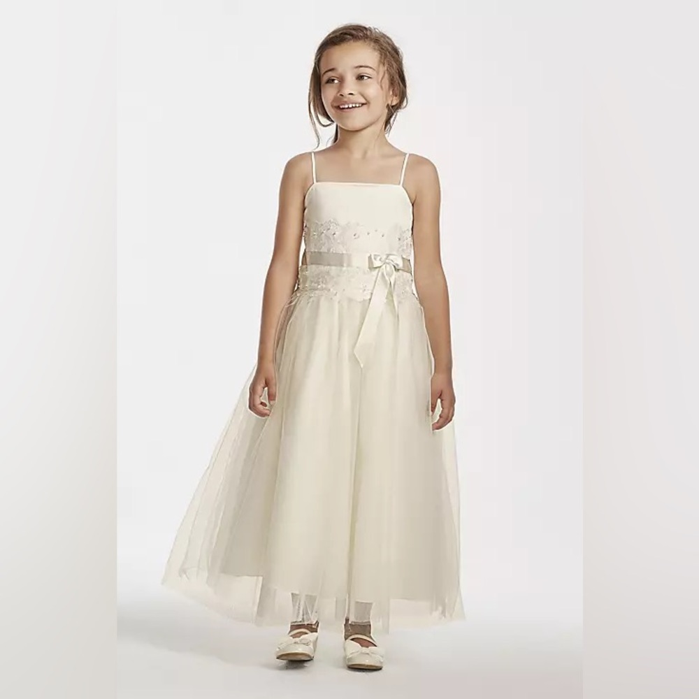 NWT DAVID'S BRIDAL flower girl lace & tulle spaghetti strap dress IvoryChamp sz6